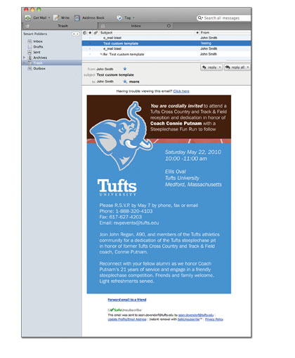 Tufts University sports reception e-mail invitation