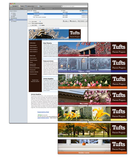 Tufts University Parents Program e-newsletter template including interchangeable seasonal banners