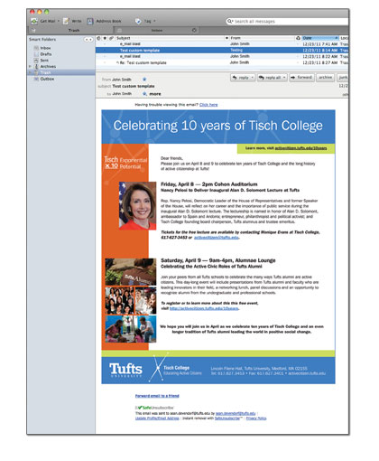 Tufts University Tisch College 10-year celebration event e-mail invitation