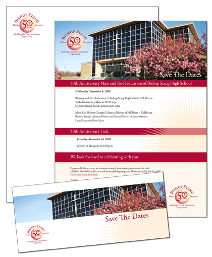 Bishop Stang School 50th anniversary logo and invitation